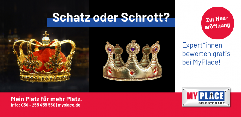 Experten bewerten bei MyPlace in Berlin Tegel Das Bild zeigt zwei Kronen, eine davon scheint teuer zu sein und die andere ist eher einfach gehalten. Die Bildüberschrift lautet "Schatz oder Schrott?".